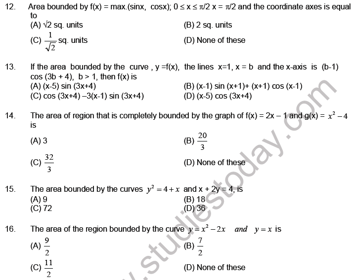 JEE Mathematics Area Under Curve MCQs Set A, Multiple Choice Questions